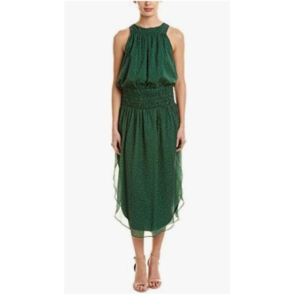 Halston Heritage Wmn's Slvls Grn Silk Round Neck Printed Ruched Maxi, NWT,Sz 14 - Picture 2 of 12